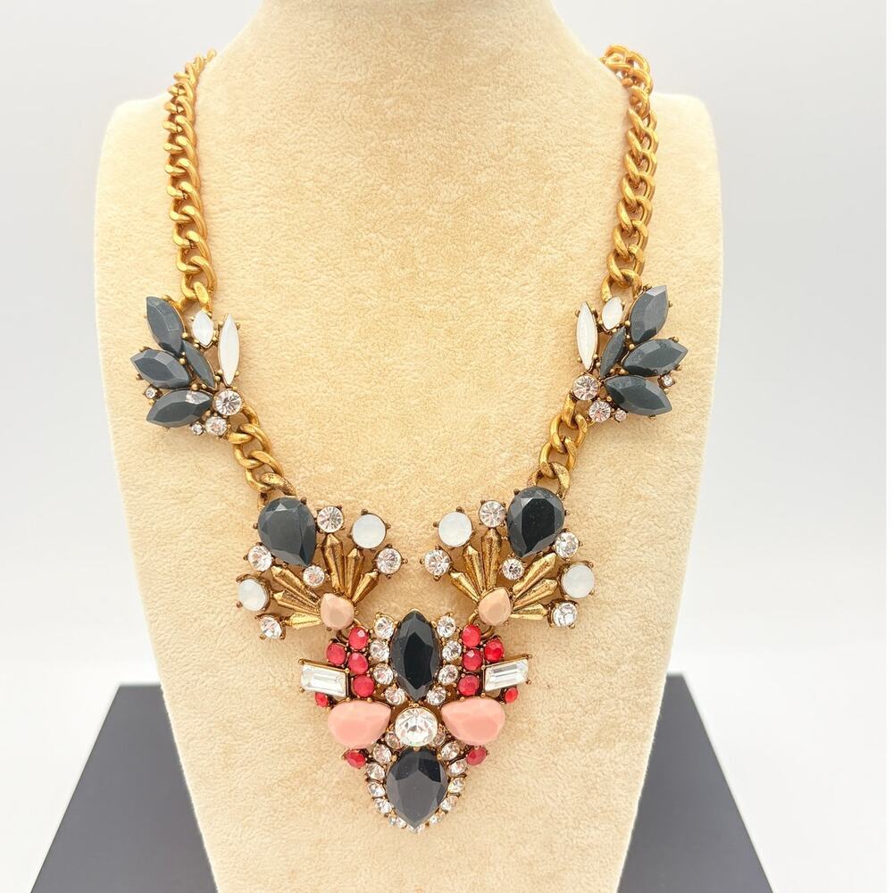 J.Crew Mixed Stone Statement Necklace Navy Pink Crystal Floral Cluster